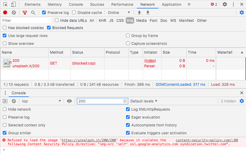 Screenshot of blocked:csp in Chrome Developer Tools